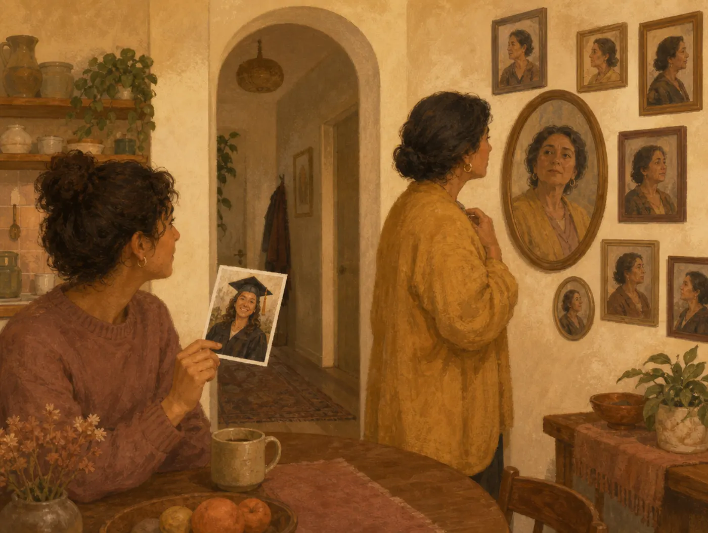 Narcissistic Parent Test: adult child shares news while parent admires a mirror surrounded by photos of themselves