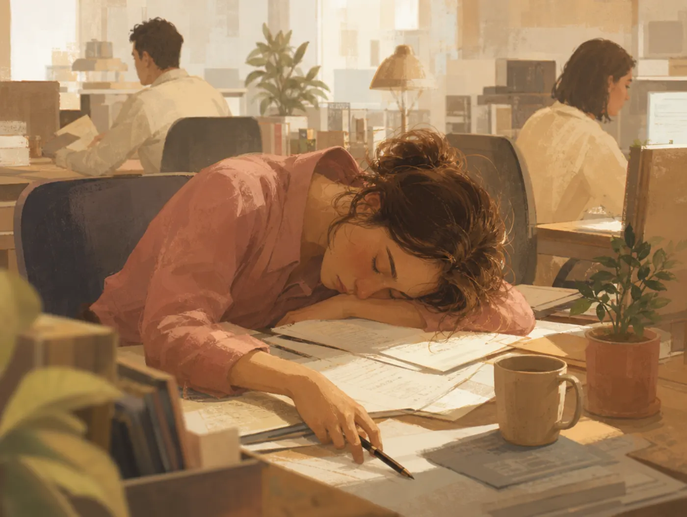 Narcolepsy Test: an office worker asleep at their desk in daylight, pen slipping from their hand