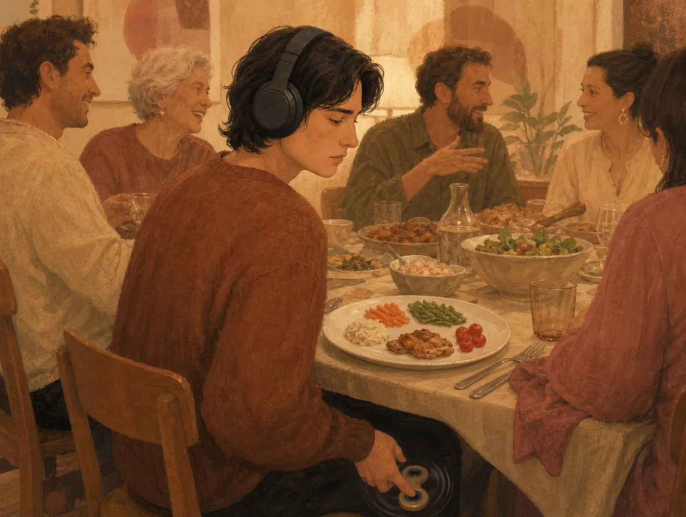 Neurodivergent Test: adult at a family dinner wearing noise-cancelling headphones, food kept separate, fidgeting under t