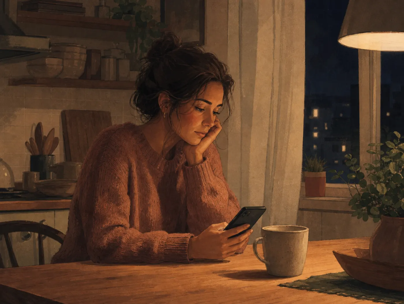 Neuroticism Test: a person at a table at night rereading a sent text, brow furrowed, a cold mug of tea beside them