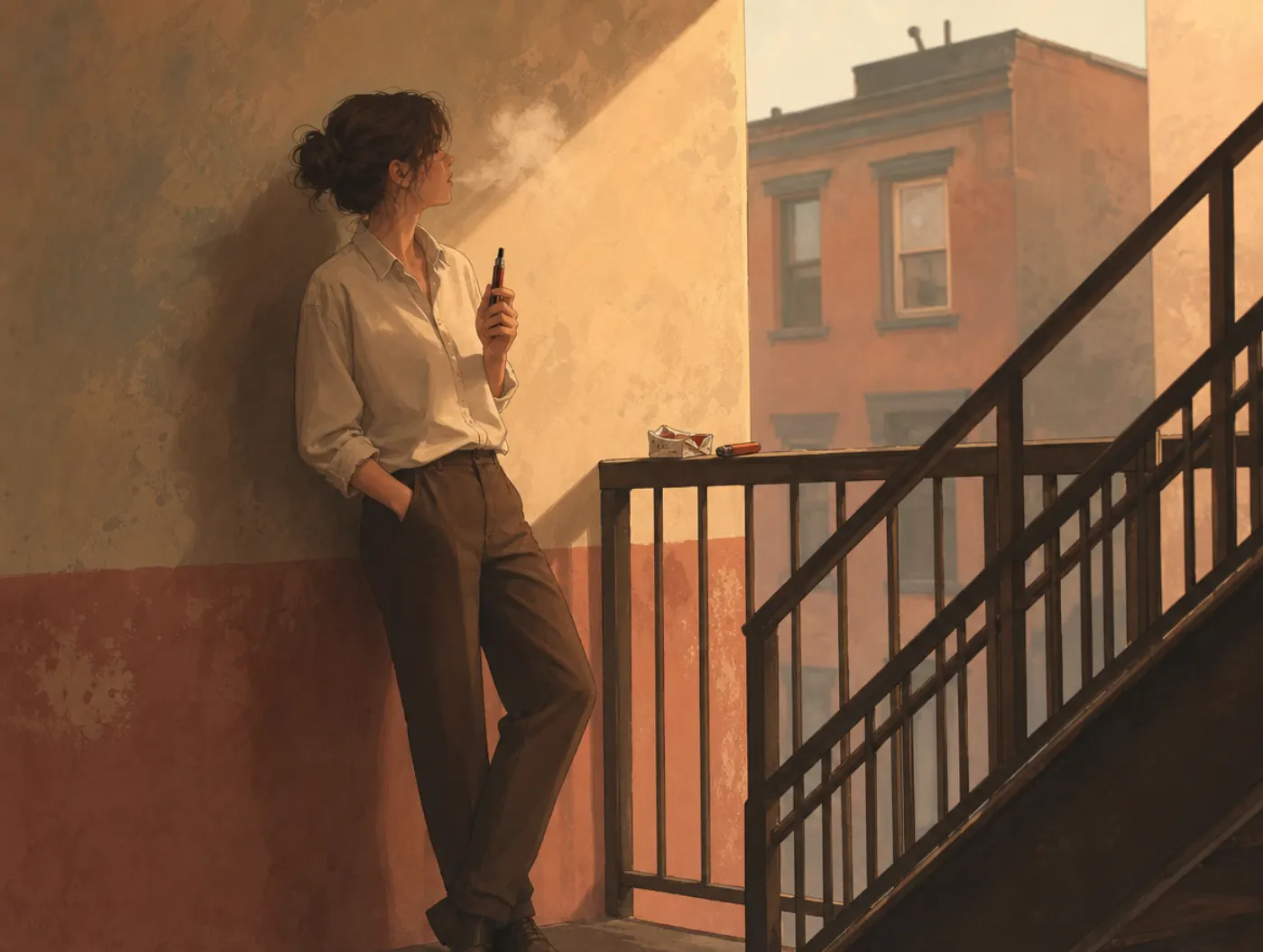 Nicotine Dependence Test: a worker on a stairwell break holding a vape pen beside a crumpled cigarette pack on the raili