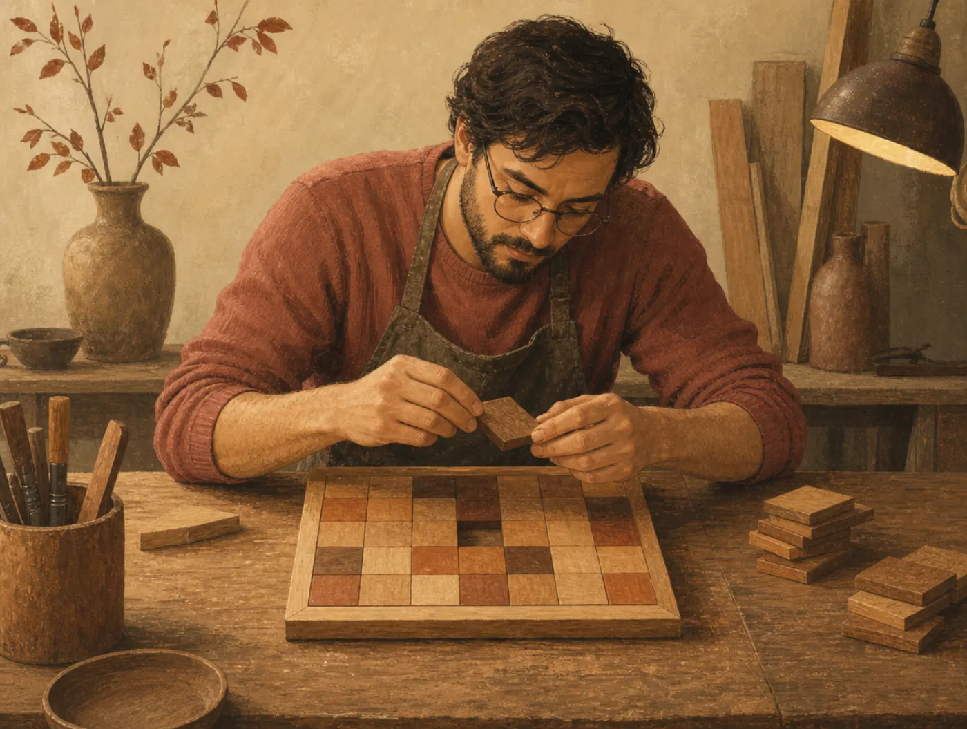 Nonverbal IQ Test: an adult at a workbench turning a wooden tile over a frame with one gap, calm and focused