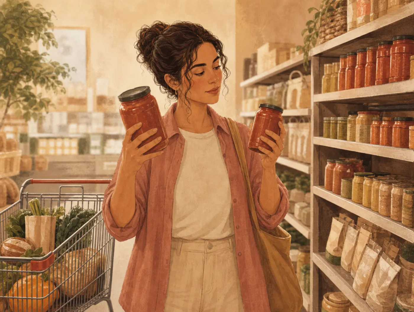 Numerical Reasoning Test: comparing two differently sized grocery jars to judge the better value, cart nearby