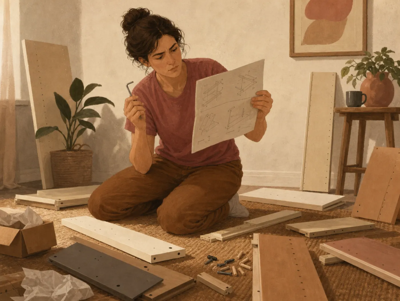 Nonverbal Learning Disorder Test: an adult kneeling among furniture parts, confused by the diagram