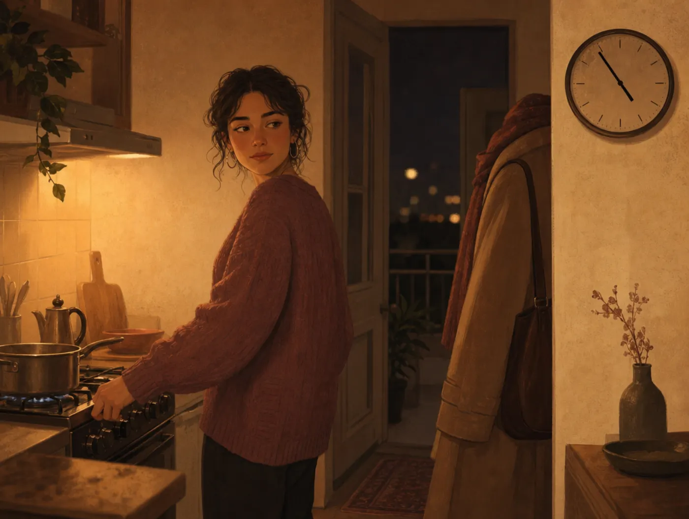 OCD or Anxiety? Test: Which Pattern Fits Better: a person at night checking a stove knob, glancing back from the kitchen