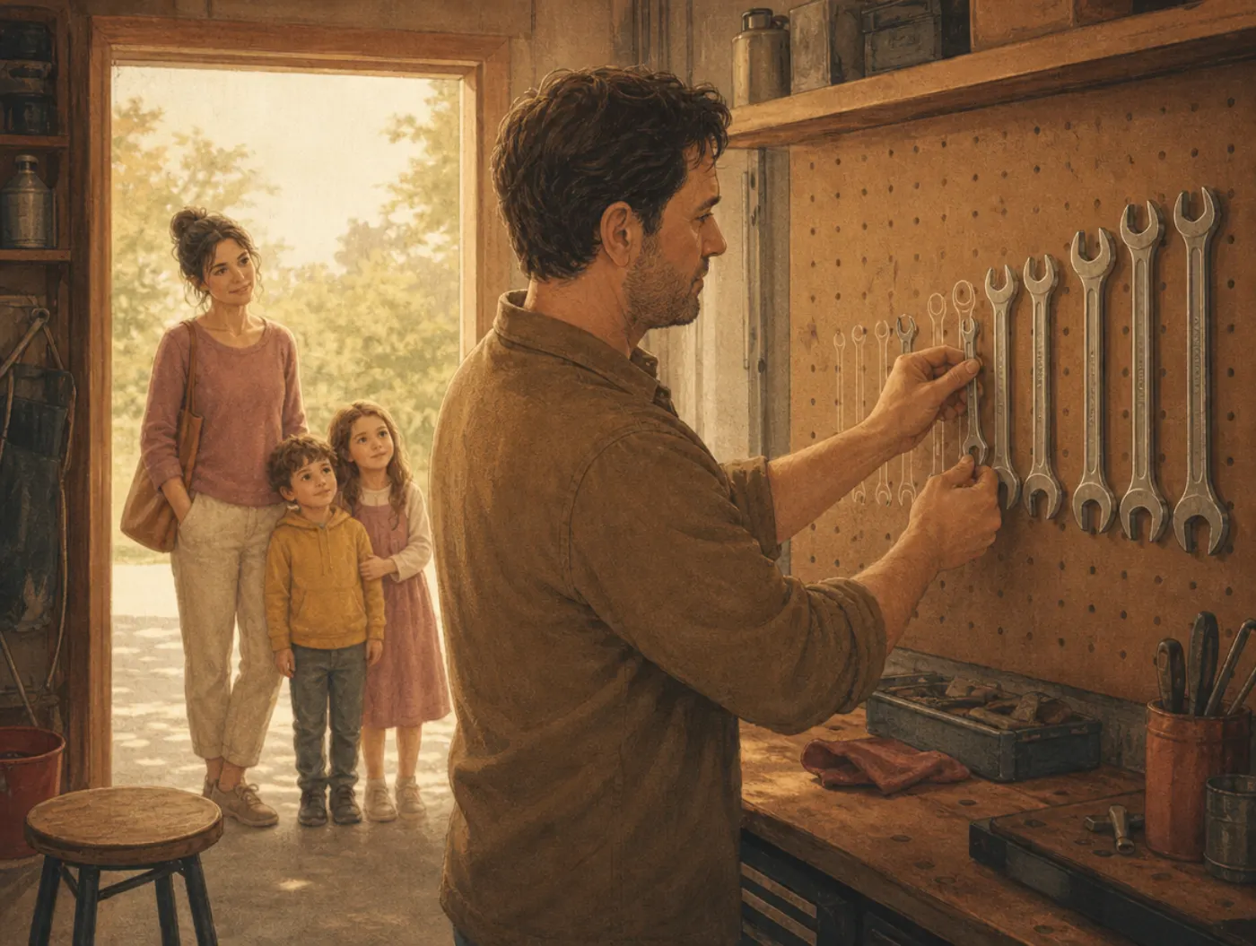 OCPD Test: a man perfecting wrench alignment on a pegboard, ignoring family waiting in the doorway