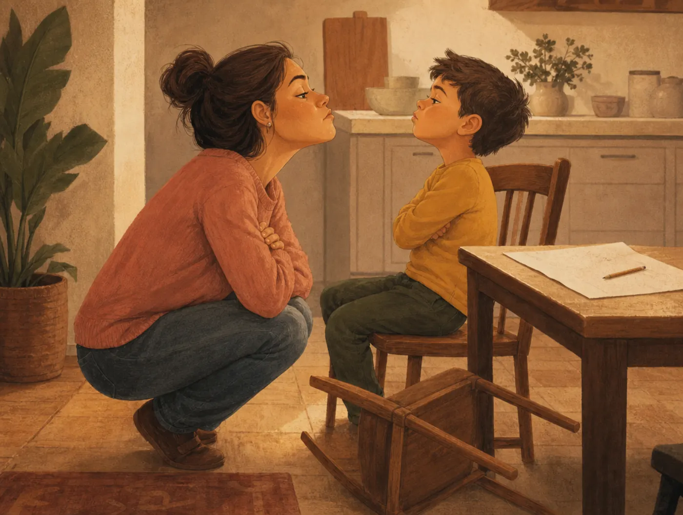 Oppositional Defiant Disorder Test: mother crouching by defiant son with crossed arms beside an overturned chair and unt