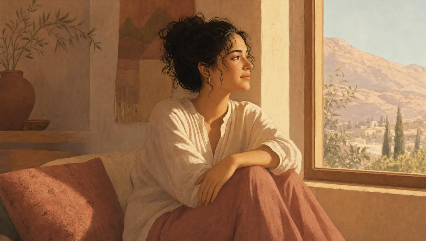 Optimism Test: person by window with natural sunlight gazing outward with calm, open expression