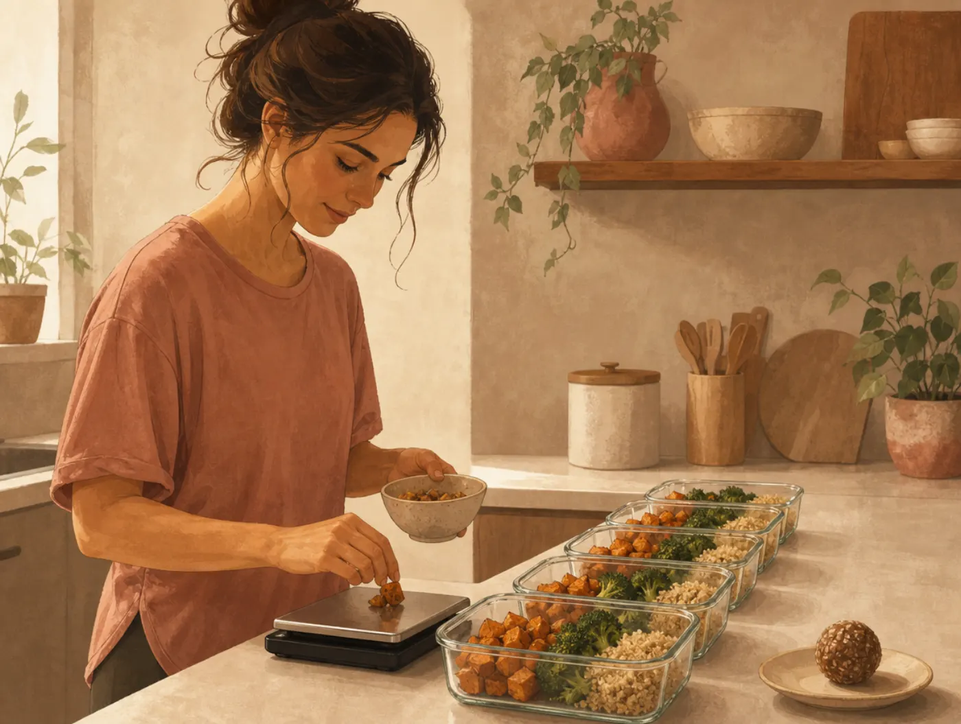 Orthorexia Test: a person weighing food on a kitchen scale beside rows of meal-prep containers