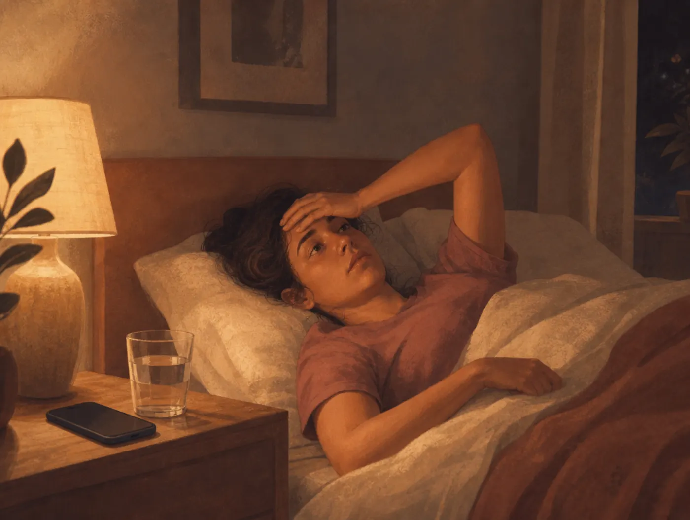 Overthinking Test: person lying awake at night replaying a conversation, hand on forehead, phone face-down on the nights