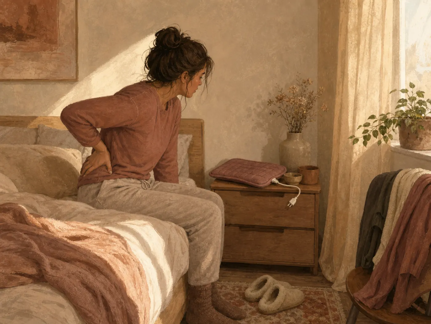 Pain Catastrophizing Test: a person sits on the edge of a bed with a hand on their back, looking toward a heating pad and pausing before moving.