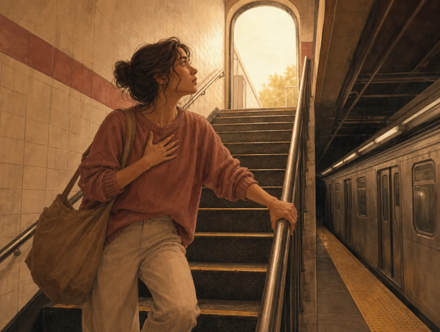 Panic Disorder Test: a person gripping a stairway railing, hand pressed to chest, frozen mid-step on a subway platform