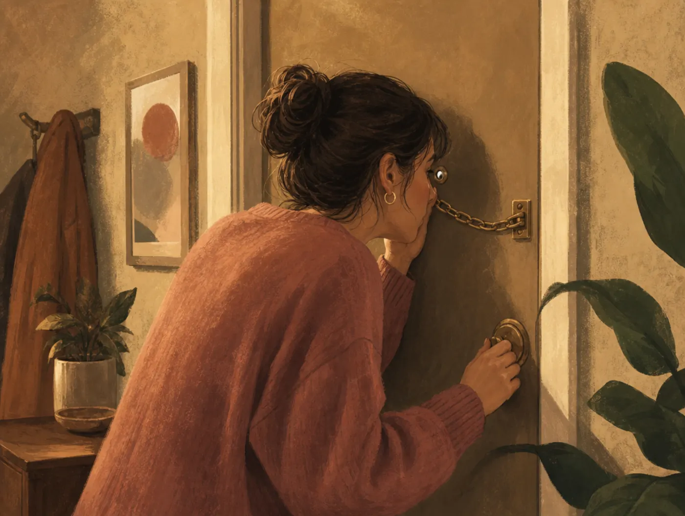 Paranoia Test: a person peers through their door's peephole, chain lock fastened, hand on the deadbolt they just turned