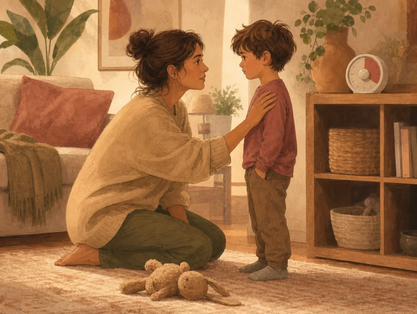 Parenting Style Quiz: a parent kneeling to a child's eye level, hand on shoulder, calmly talking through a dropped toy o