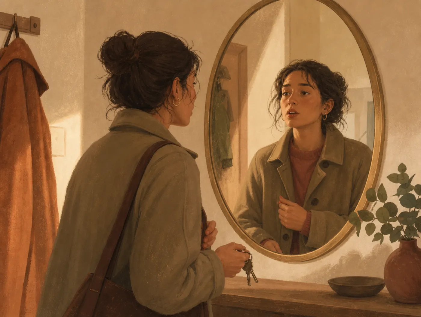 Pathological Liar Test: a person rehearsing an excuse in the mirror, keys in hand, before leaving the house