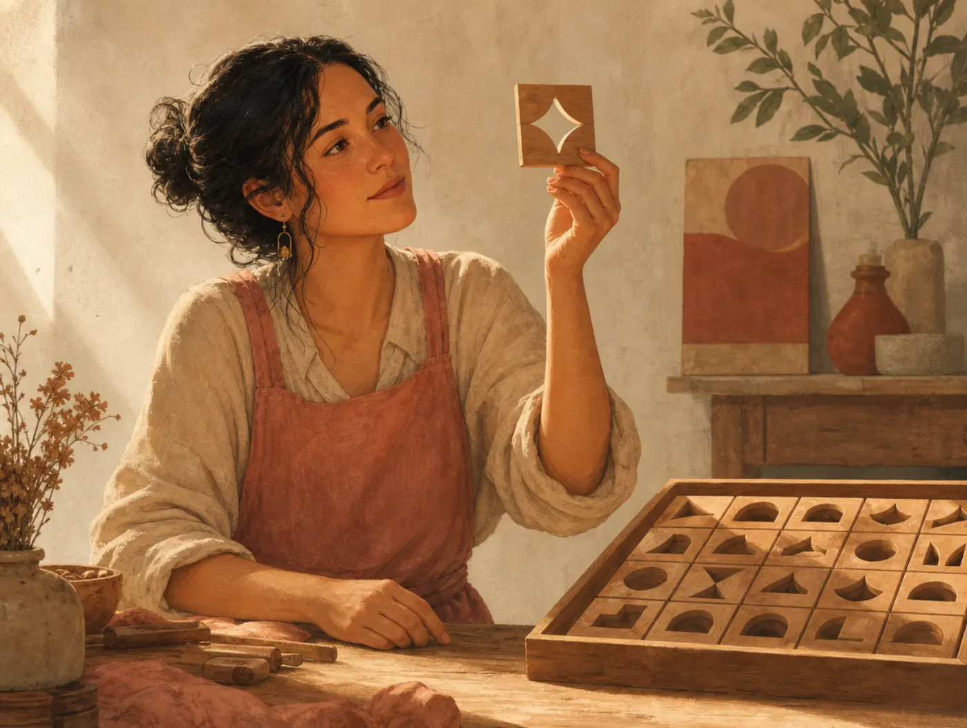 Pattern Recognition Test: a woman studying a cut-out wooden tile in the light, a tray of similar tiles beside her