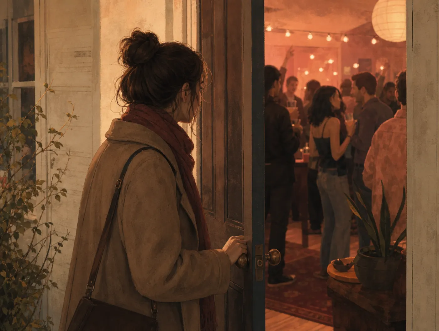 PEN Personality Test: a person in a coat pausing at a party doorway, hand on the doorknob, deciding whether to go in