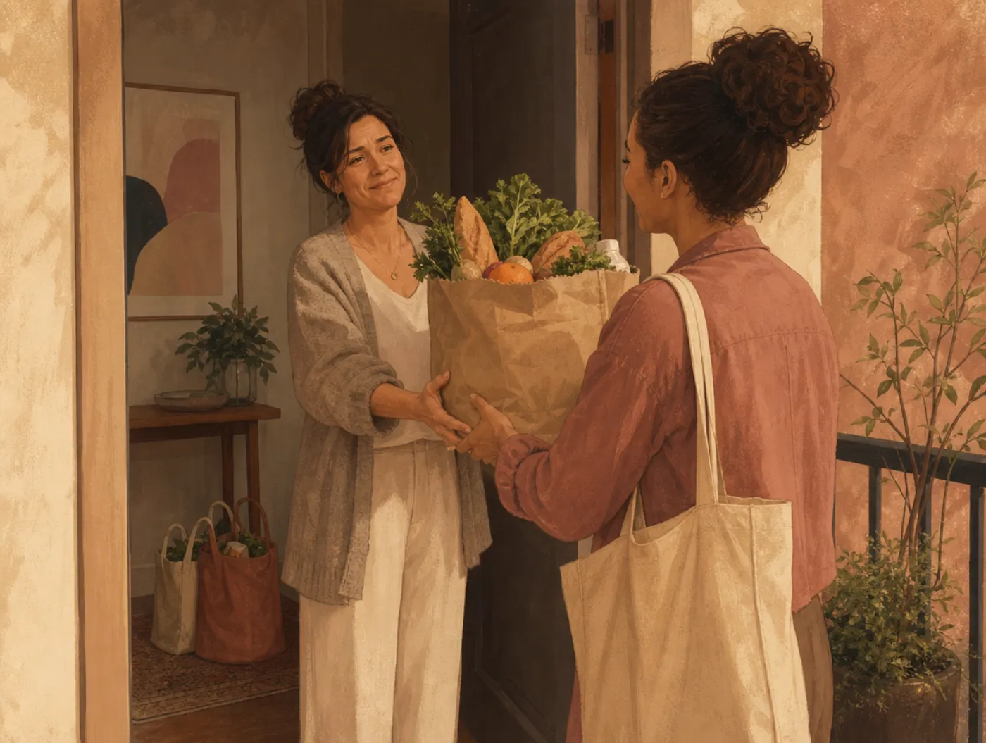 People-Pleasing Test: a woman at her door taking a neighbor's bag, groceries forgotten behind her