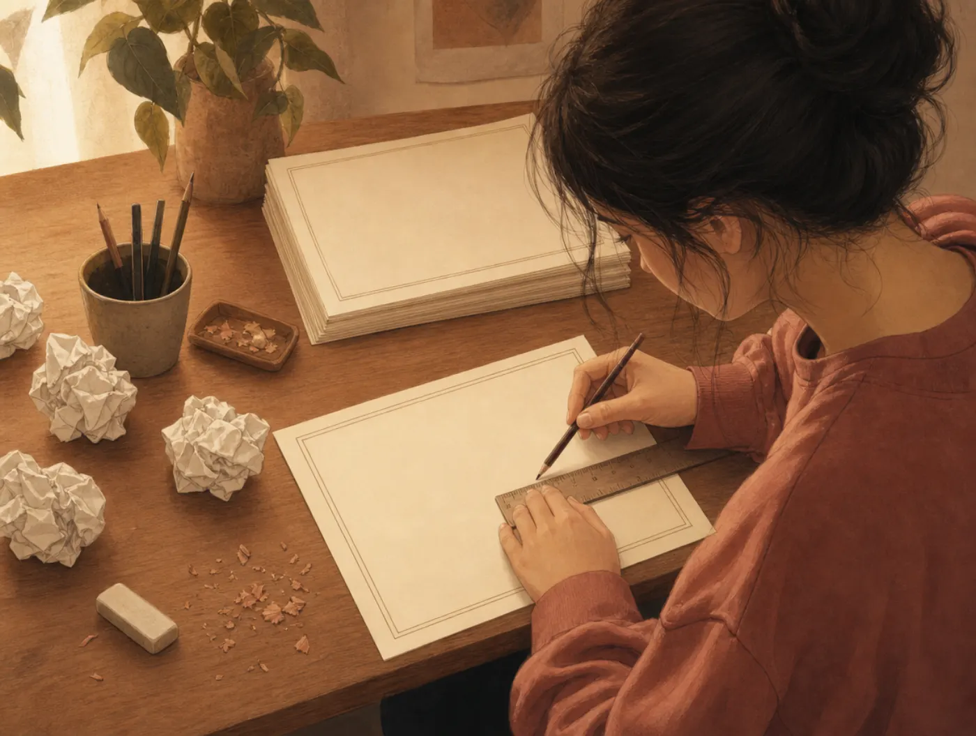 Perfectionism Test: a student rewriting a neat title page a third time, ruler in hand, crumpled drafts piled beside them