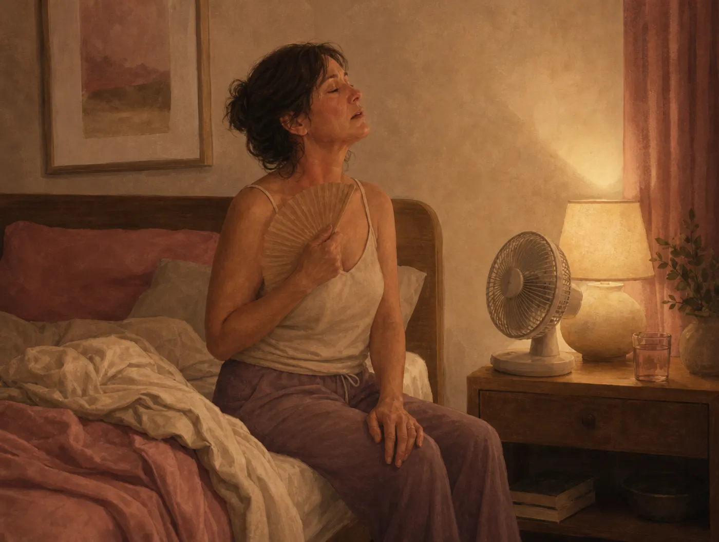 Perimenopause Mood and Symptom Quiz: a woman sits on her bed at night, duvet pushed off, fanning her neck by a clock