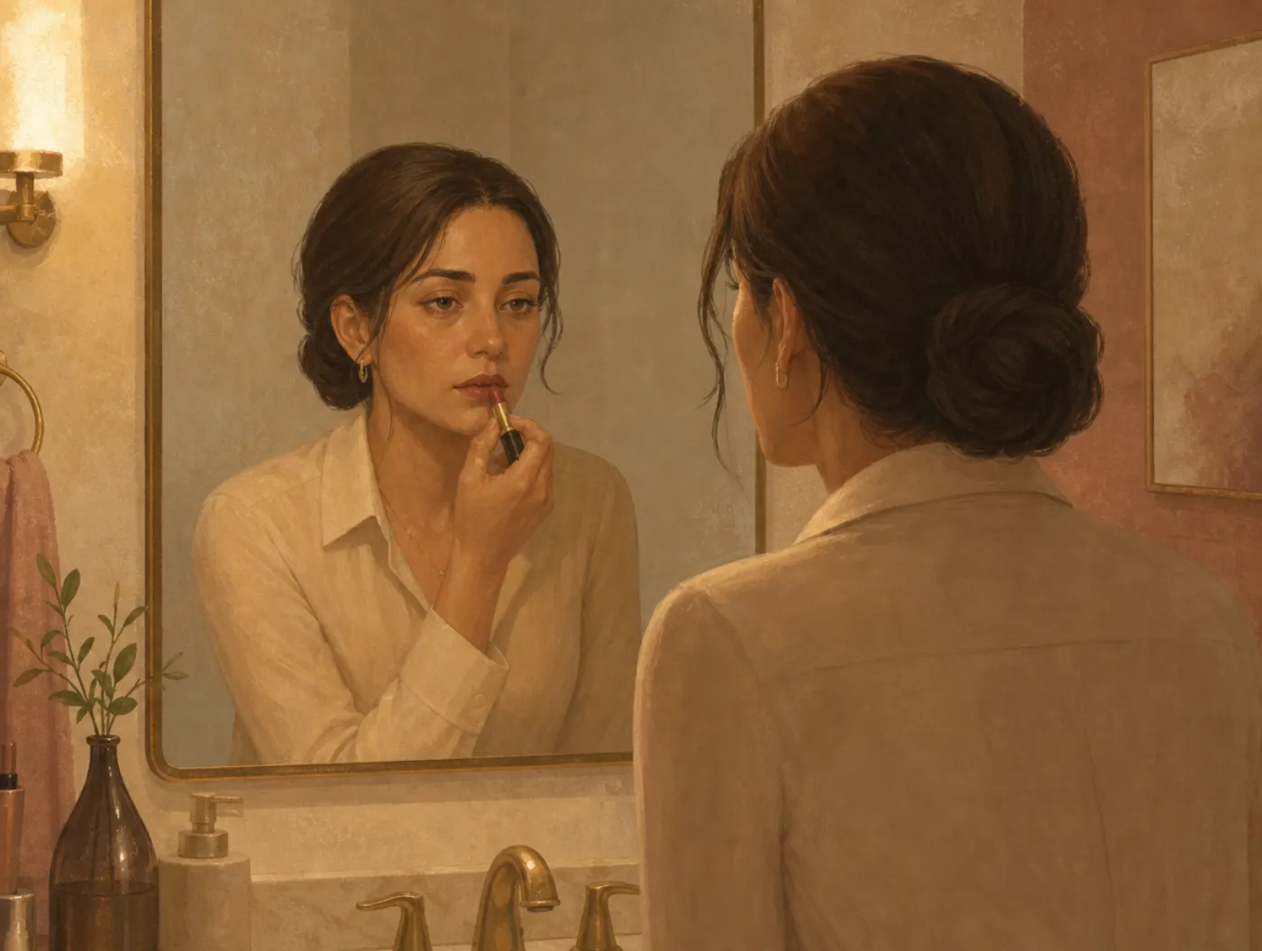 Persistent Depressive Disorder Test: a woman applies lipstick in the mirror, put-together but her eyes tired and flat