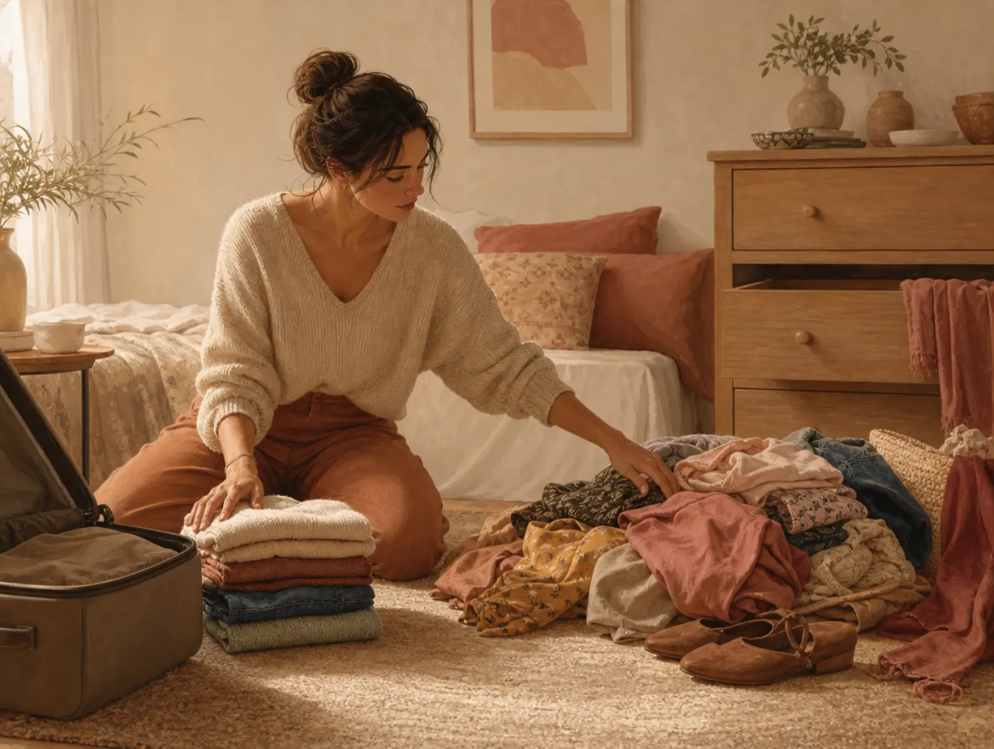 Personality Test: someone packing a bag, choosing between a neat folded stack and a messy pile of clothes
