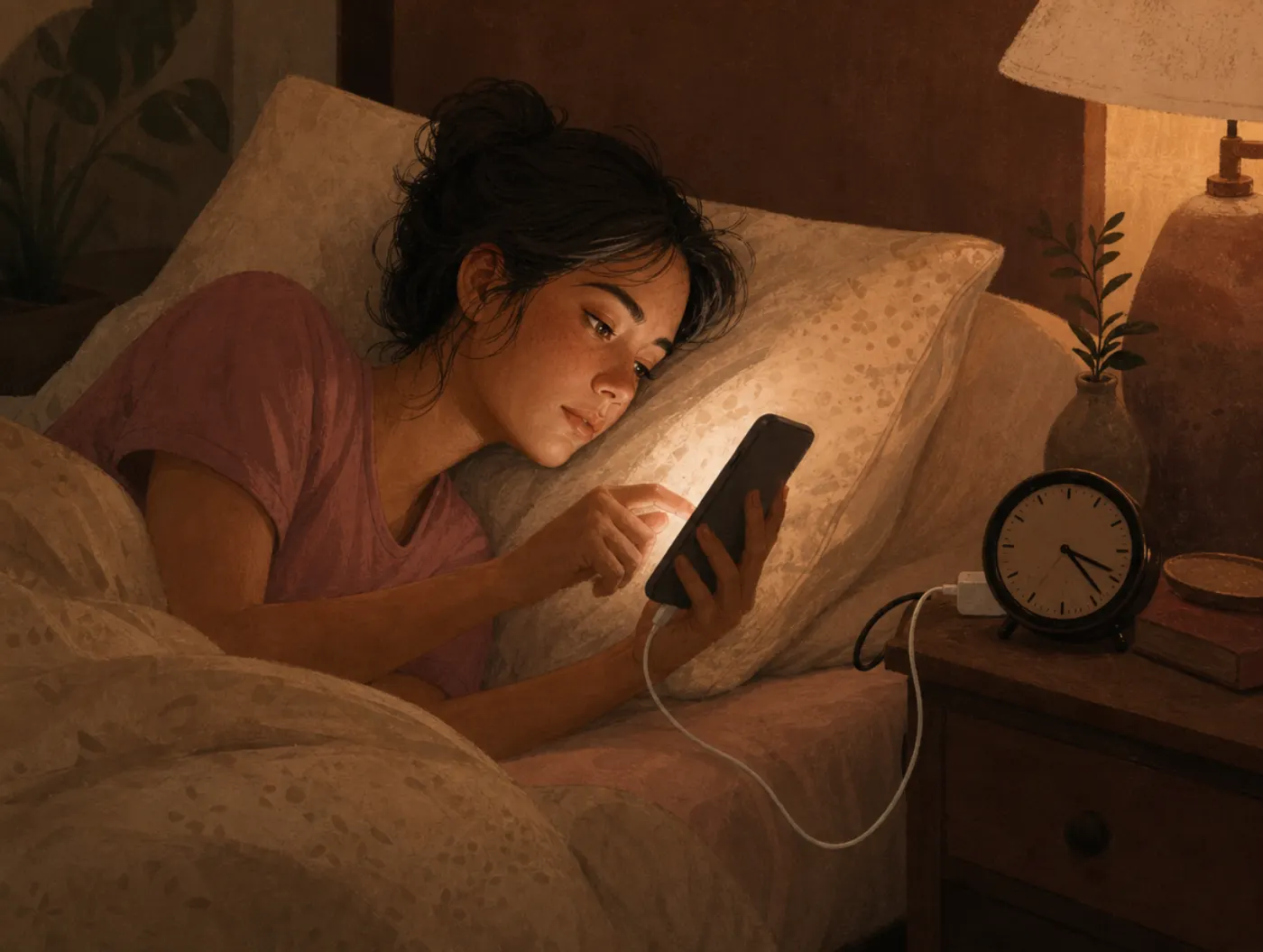 Phone Addiction Test: a person scrolling in bed at night, face lit by the phone glow