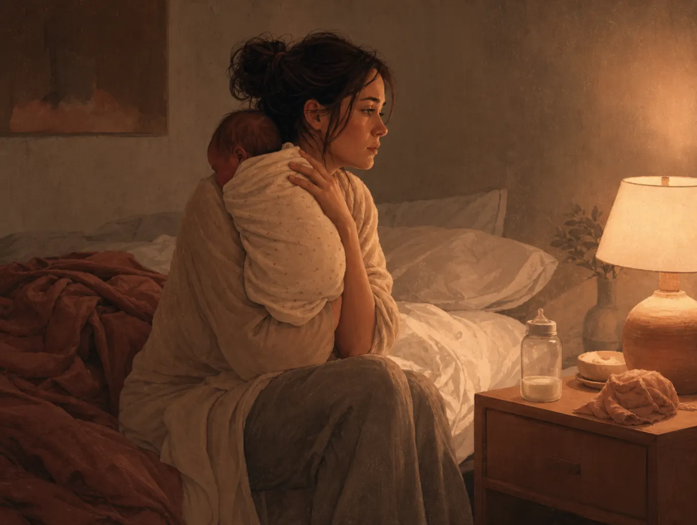 Postpartum Depression Test: new mother sitting on bed at night holding her baby, staring blankly past a bottle on the ni