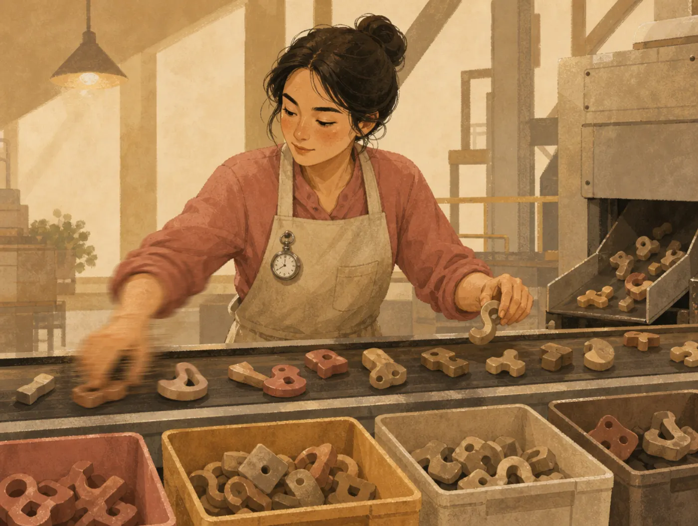Processing Speed Test: an inspector's blurred hand sorting parts into bins on a fast conveyor belt