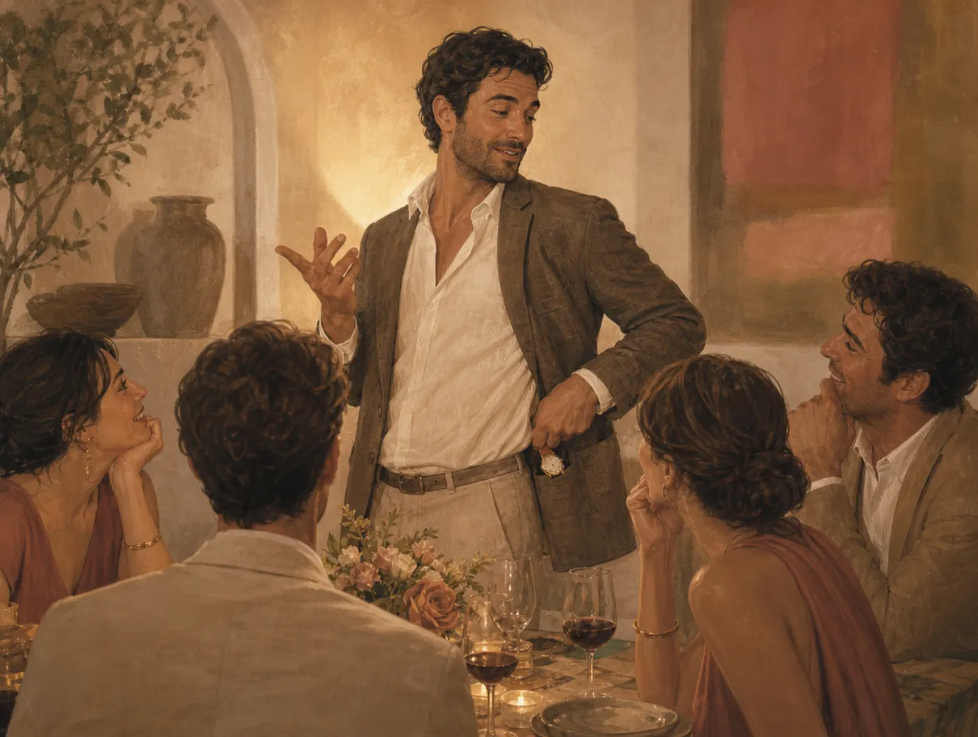 Psychopathy Test: a charming host slipping a guest's watch into their pocket, calm and unbothered