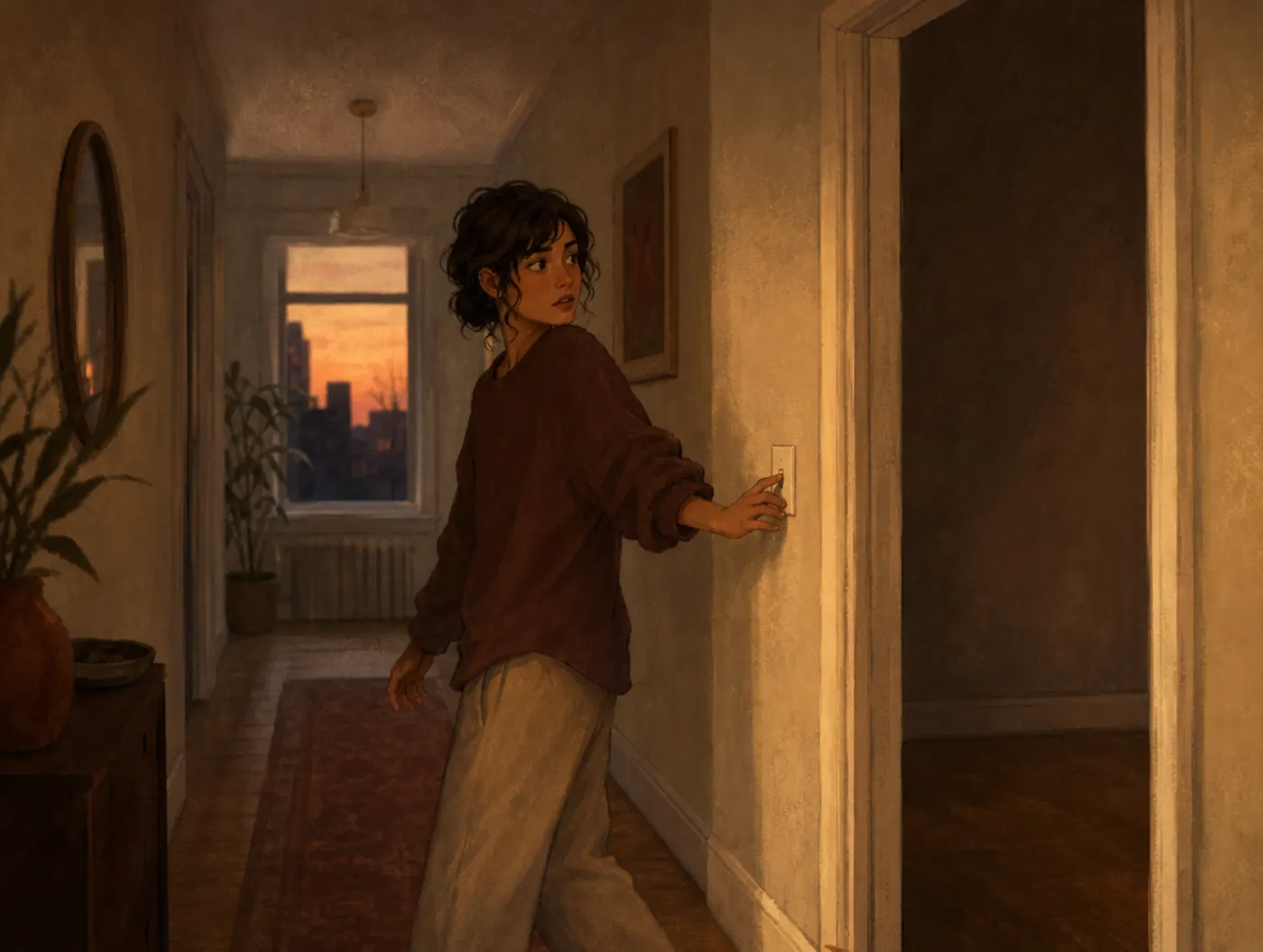 Psychosis & Schizophrenia Screening: a person pausing in a dim hallway, glancing warily over their shoulder at an empty