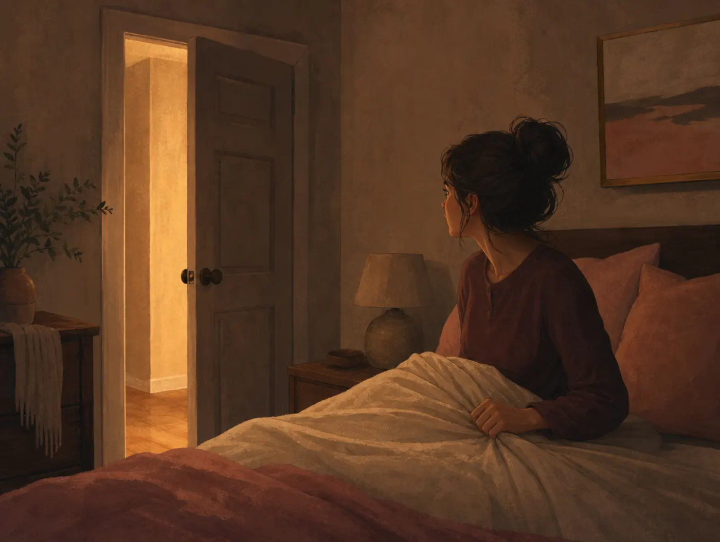 PTSD Test: person jolted awake in bed at night, gripping the sheets, staring at a bedroom door left ajar