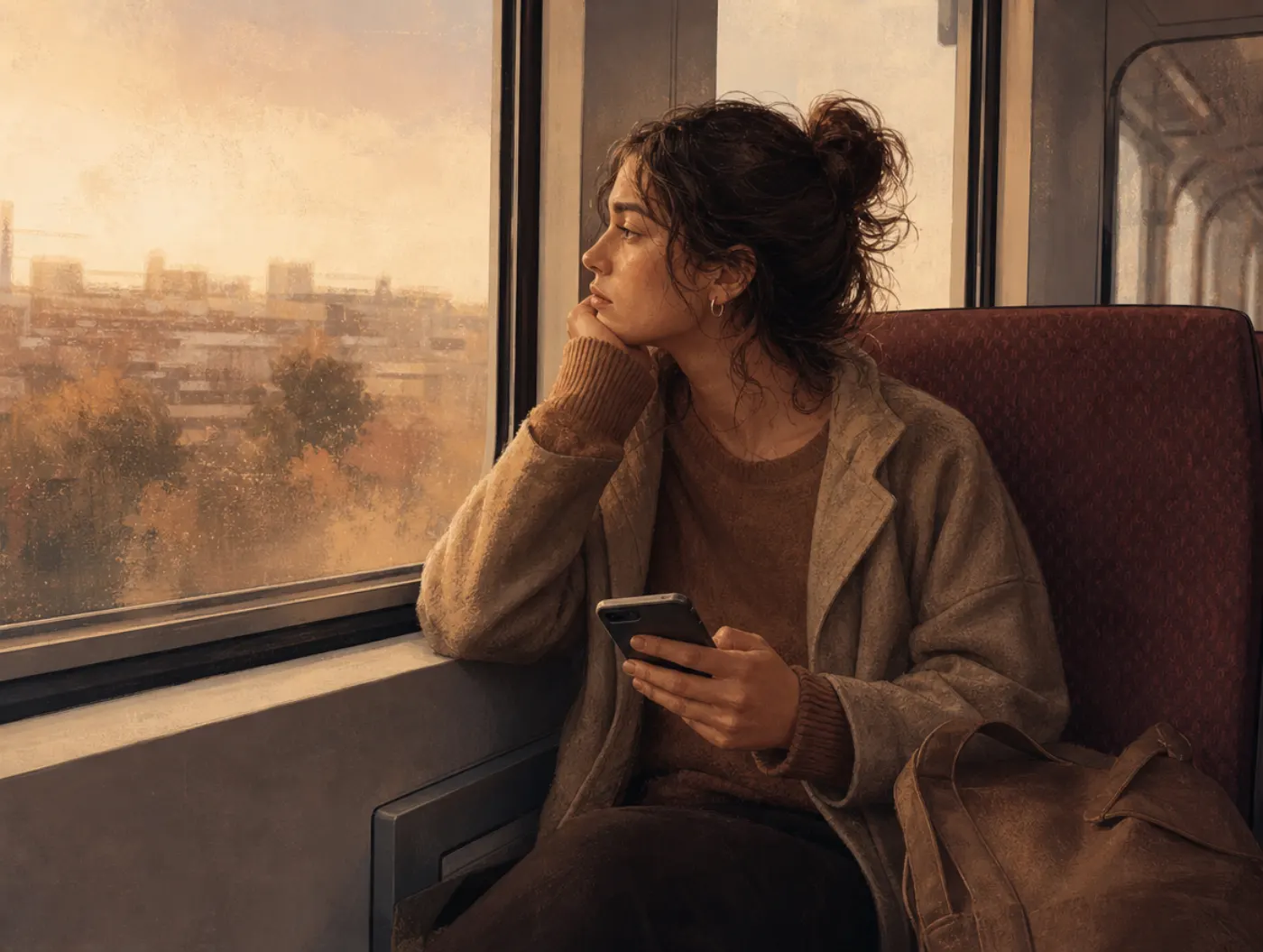 Pure O OCD Test: a train commuter replaying a conversation in their head, thumb hovering to reread an already-sent text
