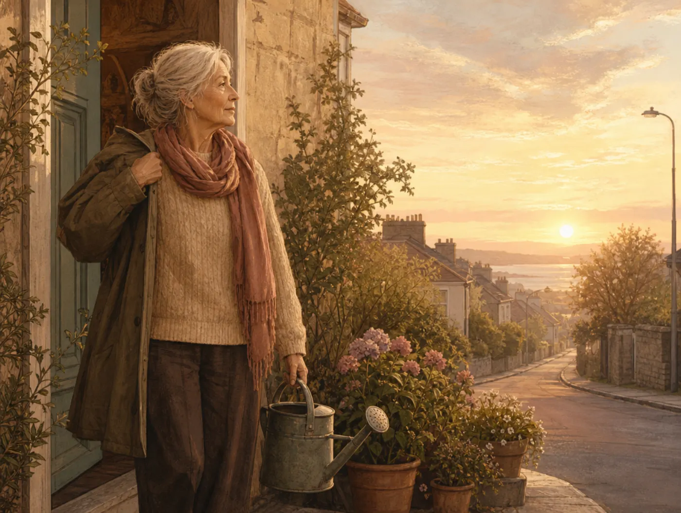 Quality of Life Test: a woman in her sixties pausing on her doorstep at dawn, watering can in hand, taking in her street