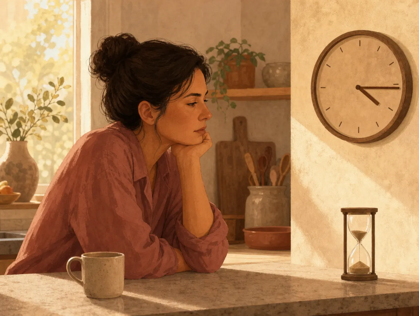 Quick IQ Test: an adult at a kitchen counter, chin on fist, thinking hard beside an untouched sand timer