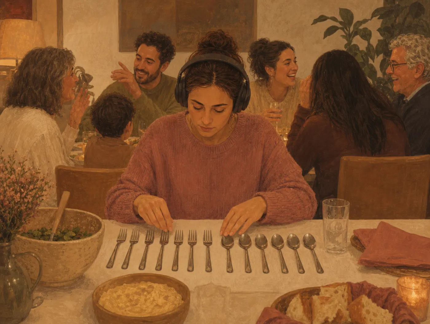RAADS-R Test: The RAADS-14 Screen: adult wears noise-canceling headphones, aligning forks at a loud dinner