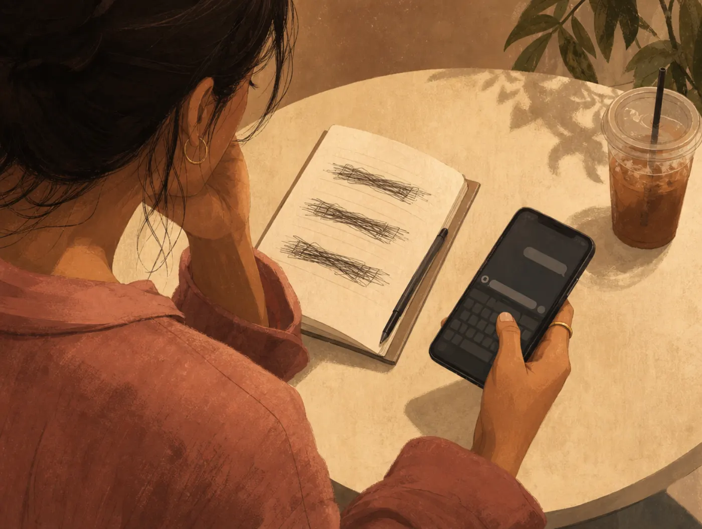 Rejection Sensitivity Test: person hesitating over an unanswered text, thumb hovering, crossed-out draft replies nearby