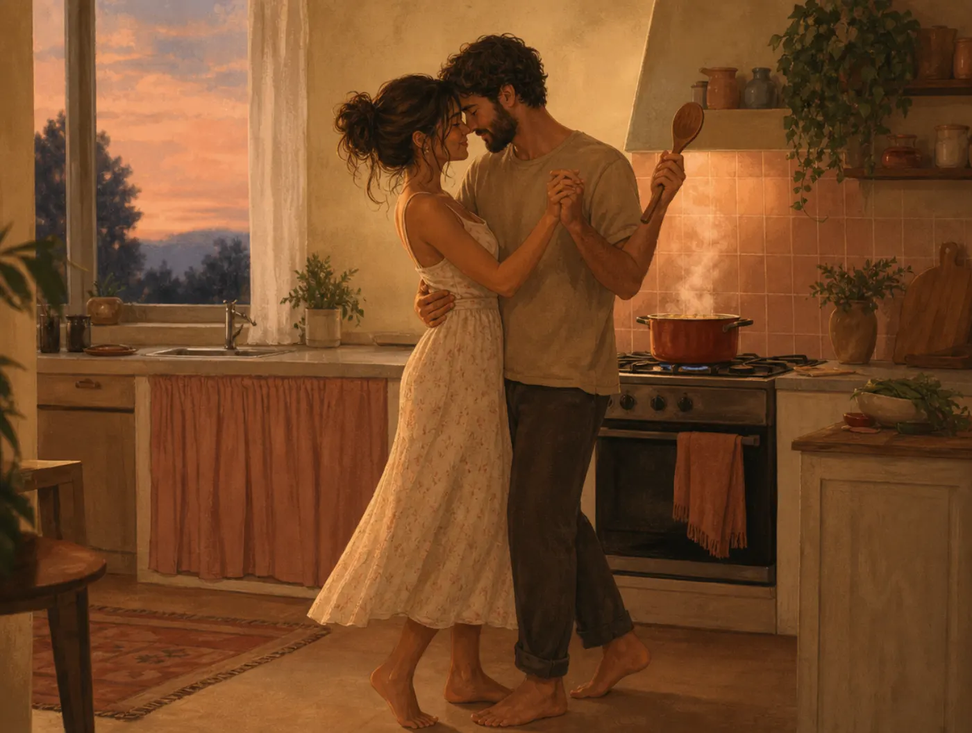 Relationship Satisfaction Test: a couple dancing barefoot in the kitchen, one holding a wooden spoon while dinner simmer