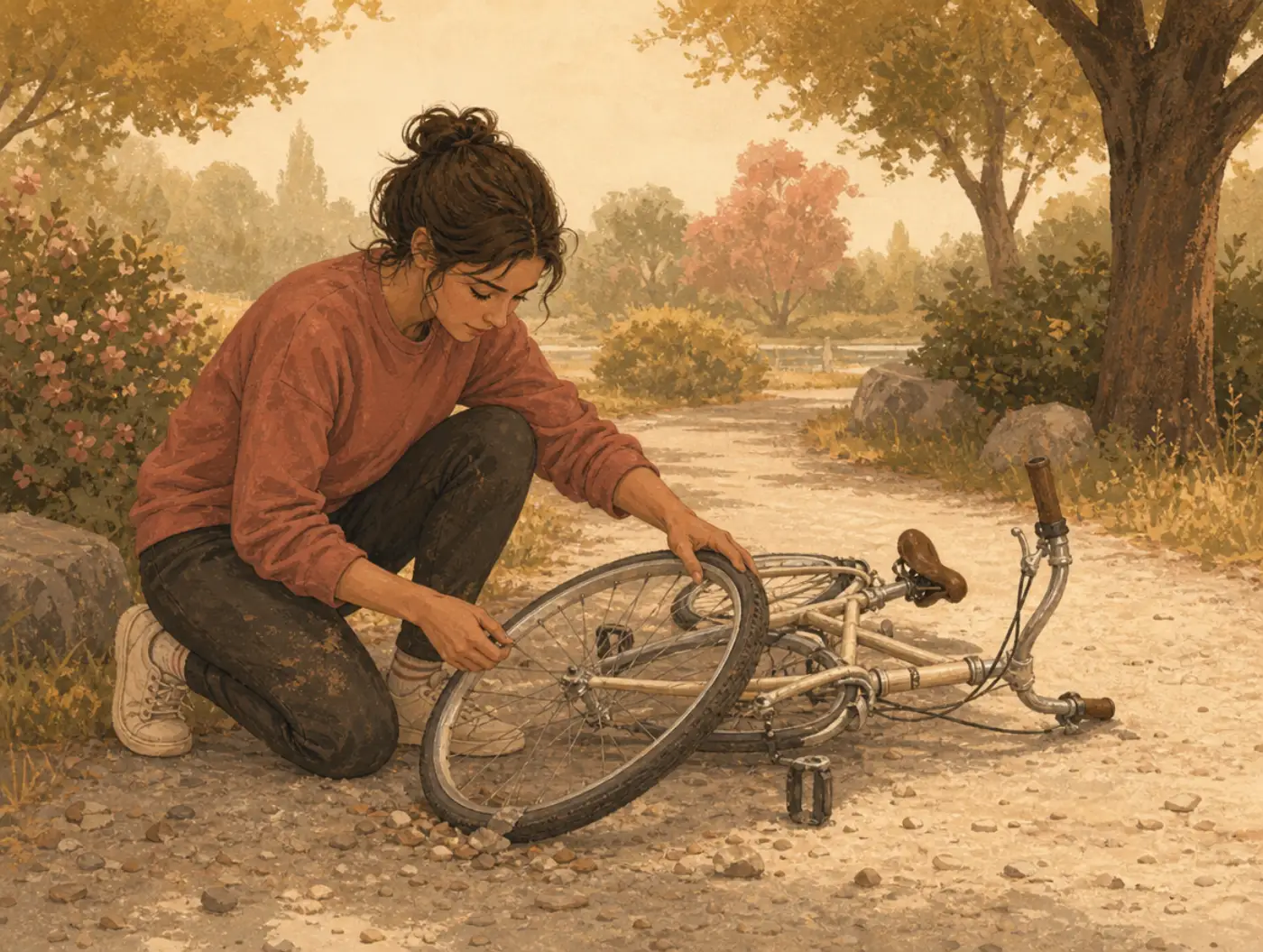 Resilience Test: a person picking up a fallen bicycle and checking the wheel before riding on again