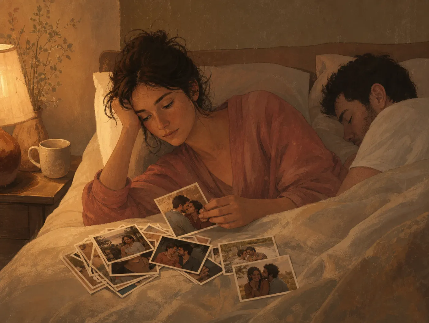 Relationship OCD Test: person lying awake at night flipping through old photos of their partner