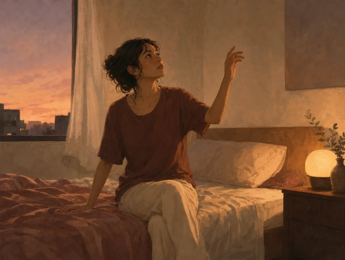 Schizoaffective Disorder Test: a person on the edge of a bed at dusk, hand raised, a bedside clock nearby