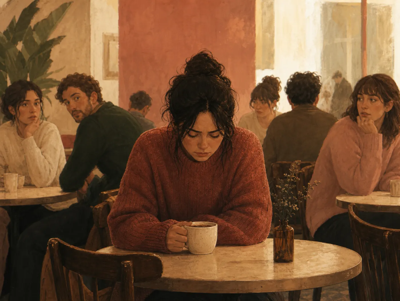 Scopophobia Test: adult sitting hunched in a busy café, eyes lowered, gripping a full cup as nearby diners glance over