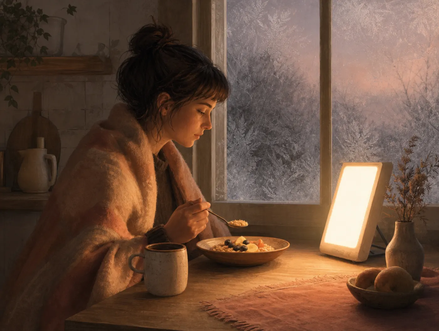 Seasonal Affective Disorder Test: eating breakfast alone before dawn beside a glowing light-therapy lamp