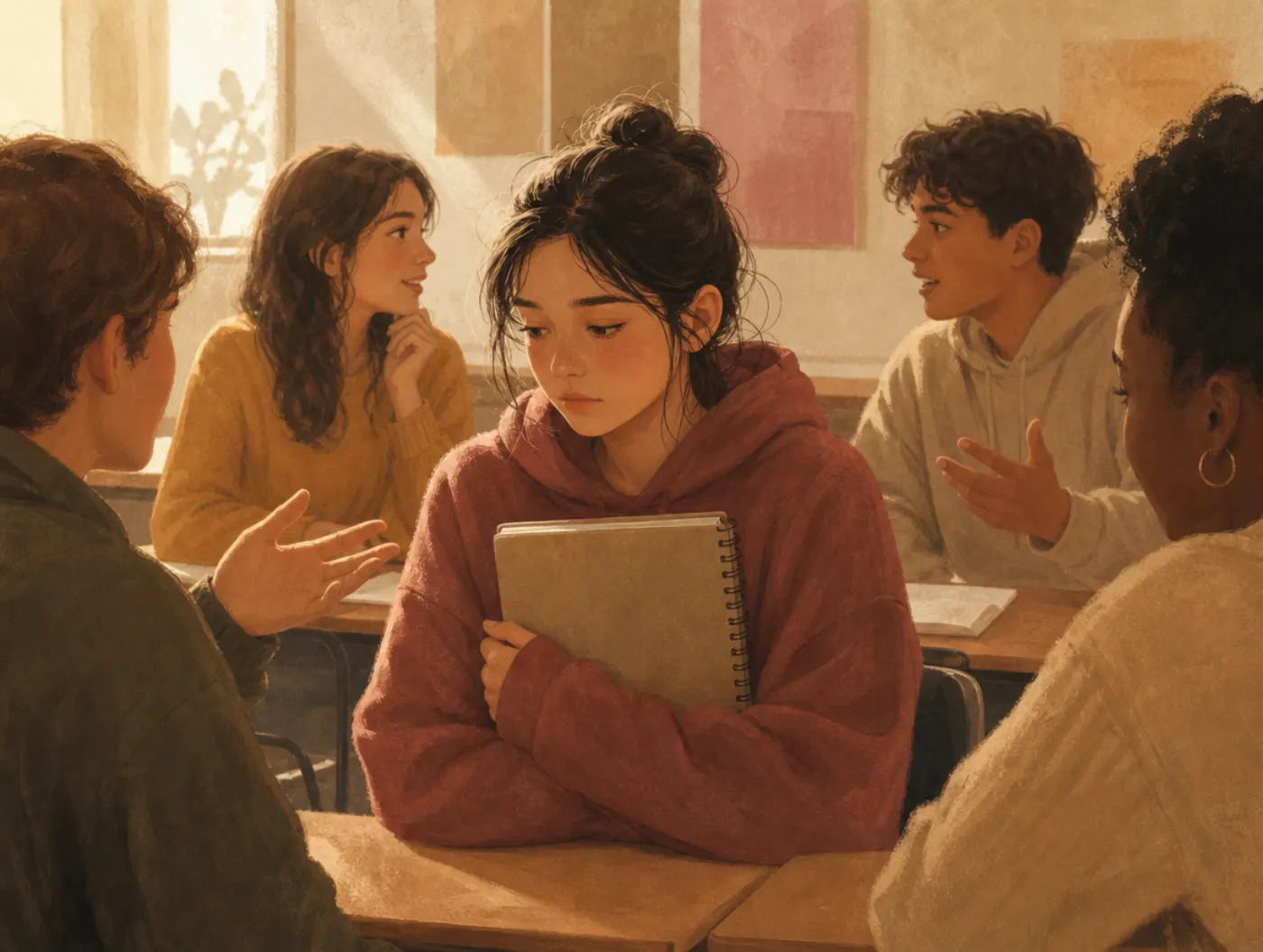 Selective Mutism Test: a teen silent at a classroom desk, clutching a notebook with a written answer instead of speaking