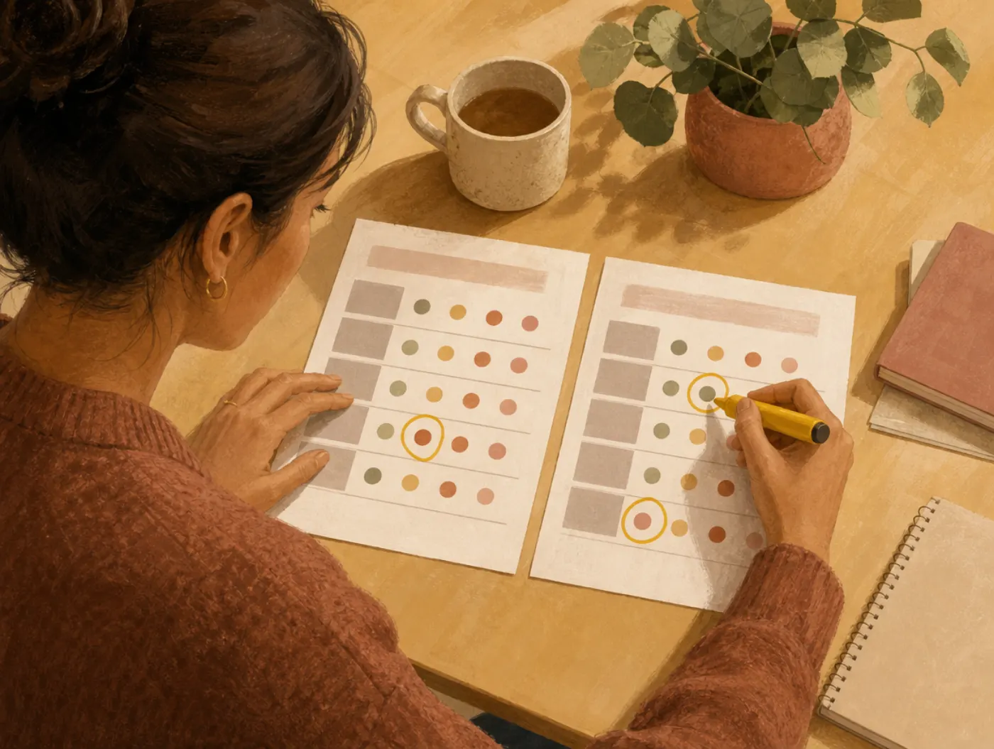 Self-Awareness Test: comparing a self-written assessment to a colleague's feedback form, circling a mismatched rating