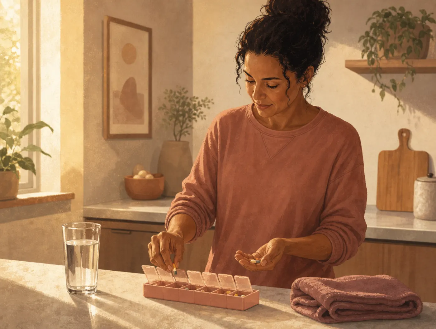 Self-Care Assessment: an adult filling a weekly vitamin organizer at the kitchen counter, water glass and gym towel near