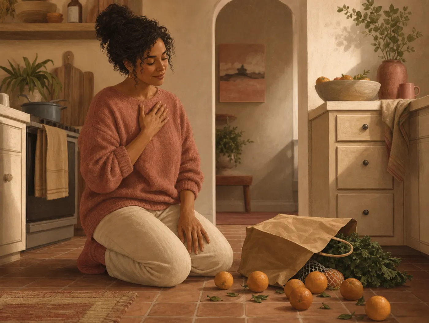 Self-Compassion Test: an adult kneeling by spilled groceries, hand resting calmly on their own chest instead of scrambli