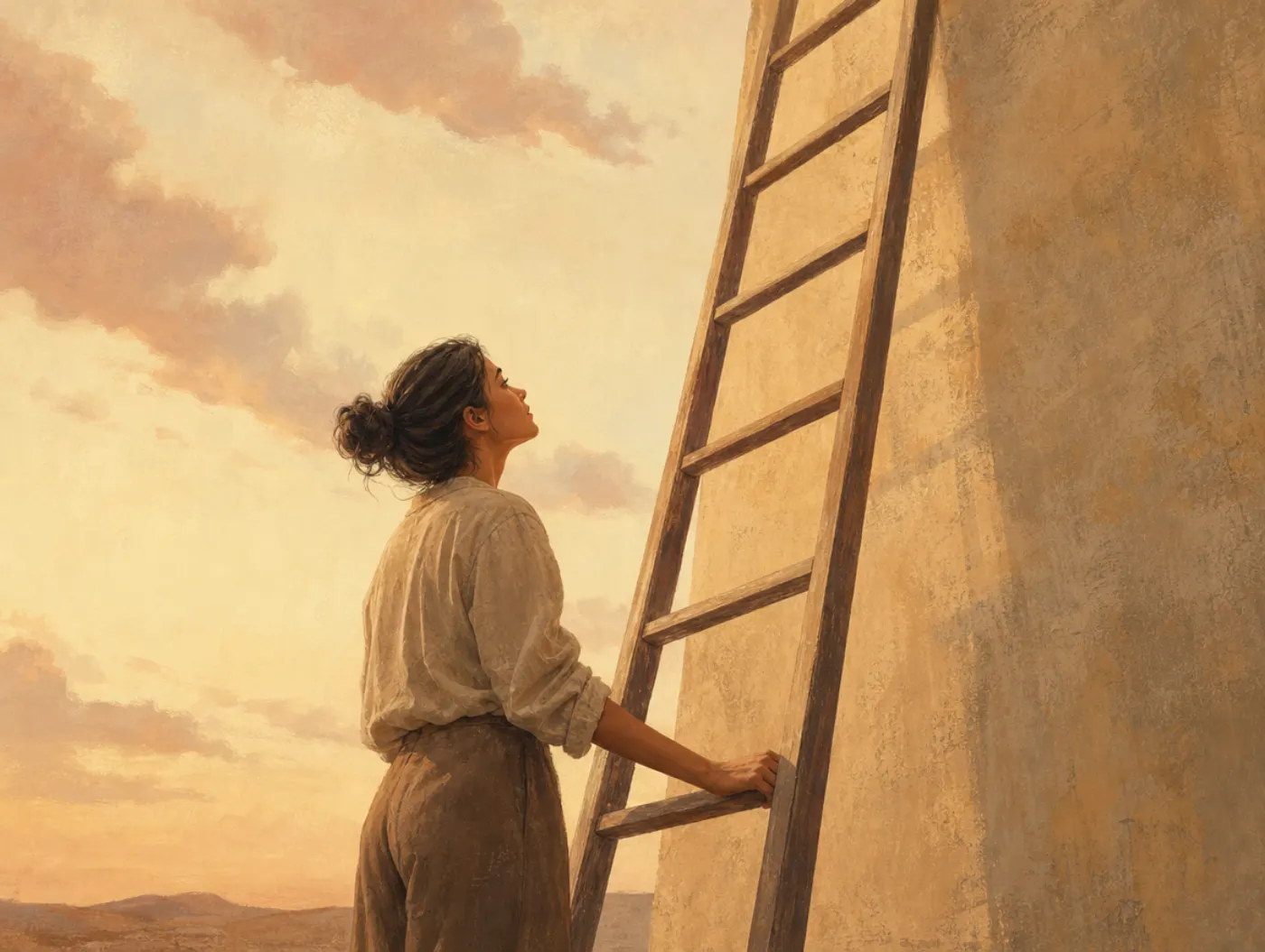 Self-Efficacy Test: a person partway up a ladder, hand on the rail, pausing to steady themselves before continuing to cl