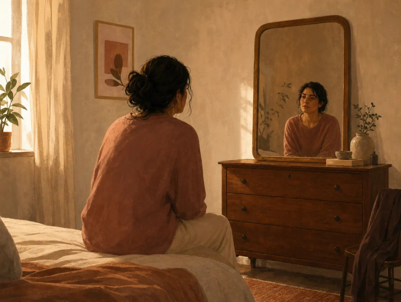 Self-Esteem Test: a person sitting on the edge of a bed, quietly studying their own reflection in a dresser mirror