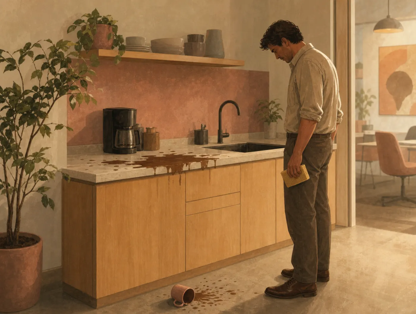 Shame and Guilt Test: a man in an office kitchenette after a spill, shoulders curled, gripping a sponge, a mug at his fe
